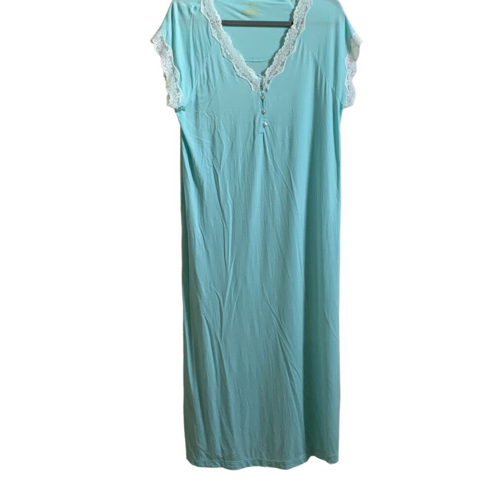 Cabernet Nightgown SIZE MED Blue Lace Trim Short Sleeve Cotton Blend Gown Long